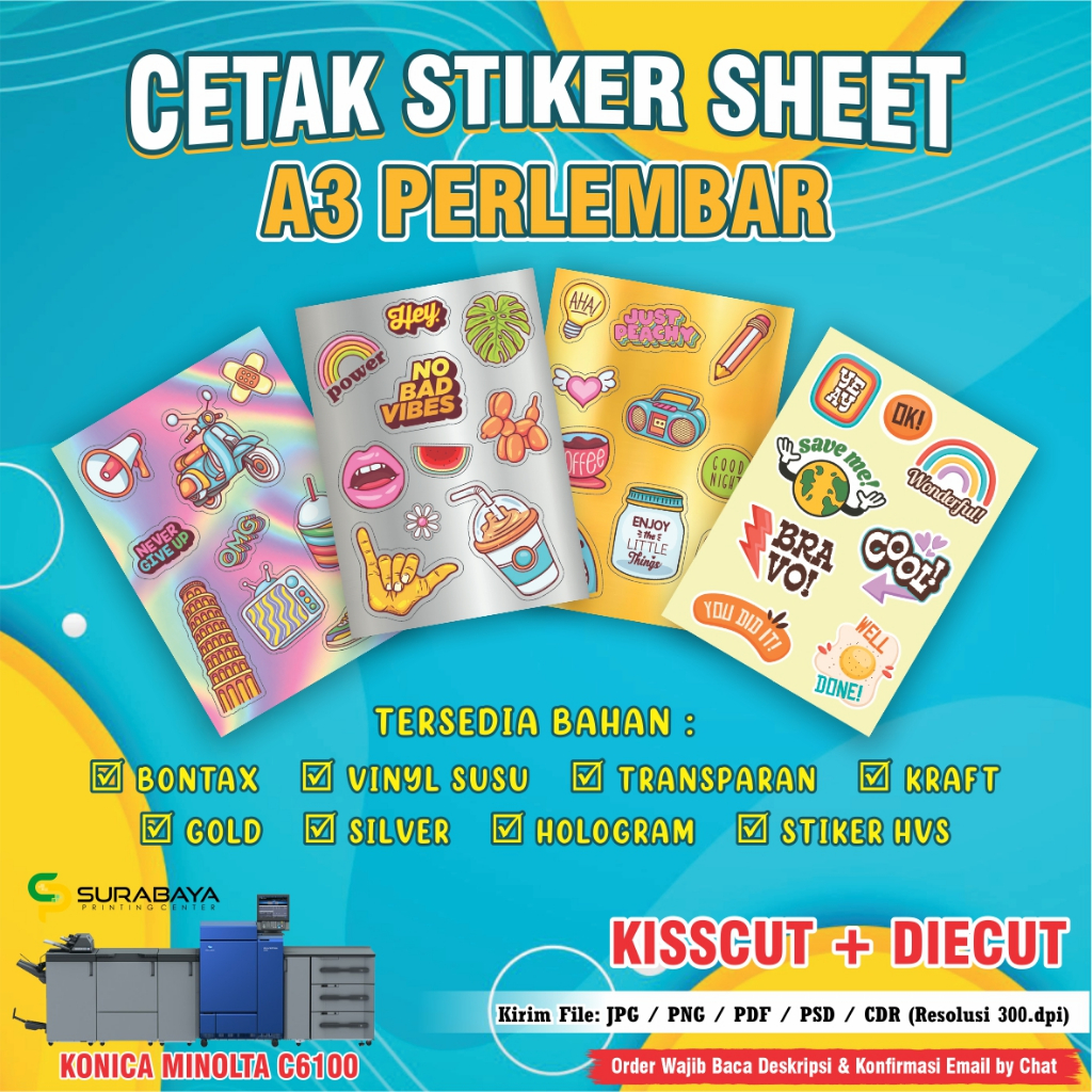 

CETAK STIKER PACK STIKER SHEET FULL CUSTOM FREE CUTTING KISSCUT DAN DIECUT UKURAN A6 A5 A4 TERMURAH