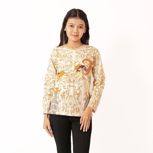 KLAMBEN Kaos Oblong Lengan Panjang Dewasa Unisex Batik Wayang Arjuna Srikandi Putih Tulang