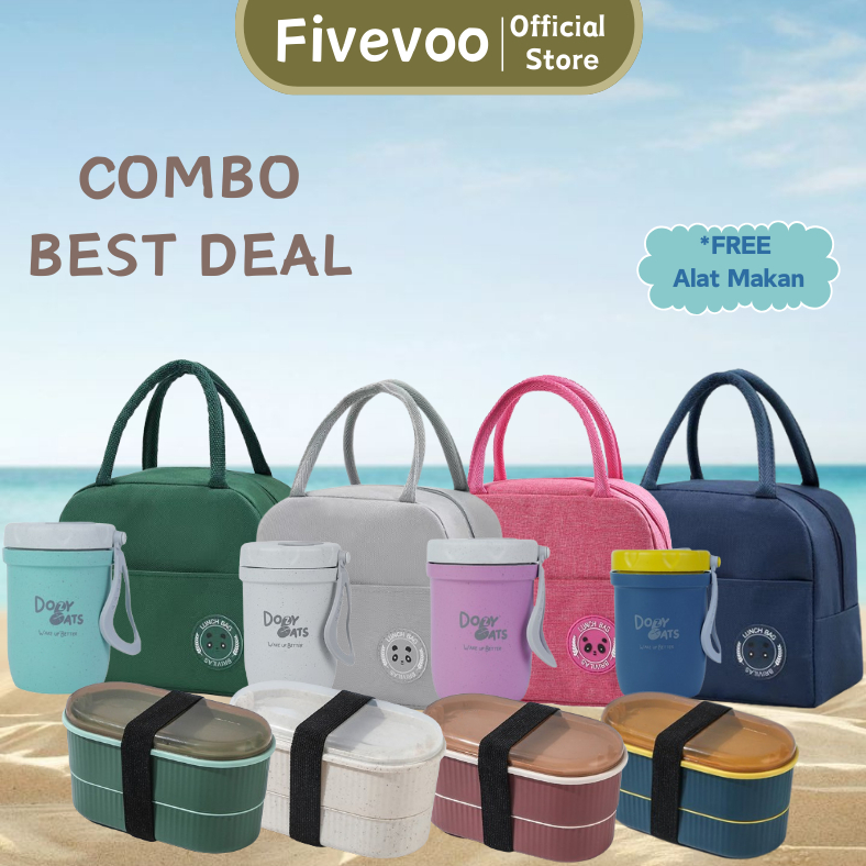 FIVEVOO Combo Best Deal/ Kotak Bekal Set 3 In 1/ Lunch Bag Set/ Paket Hemat/ Paket Bekal Sekolah/ Lu