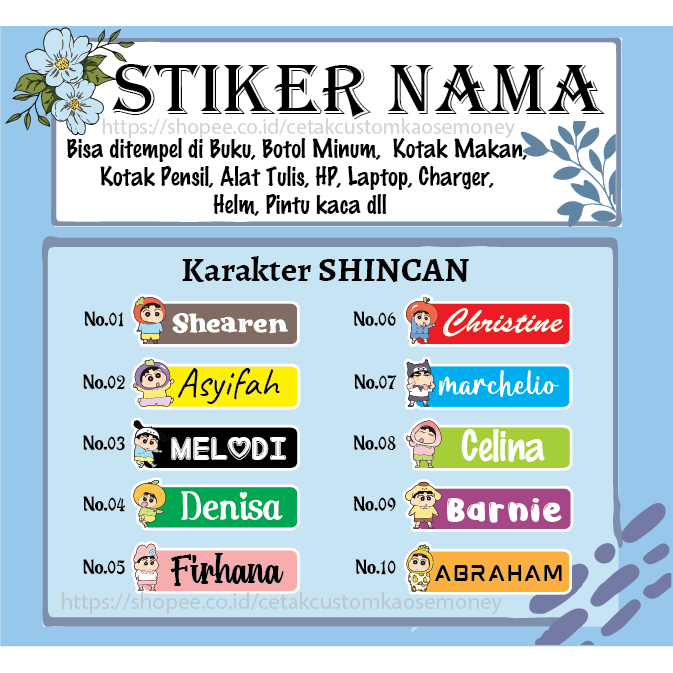 

STICKER LABEL NAMA KARAKTER SINCHAN CUSTOM SPIRITED AWAY STIKERCUSTOM PREMIUM MURAH LUCU BISA TEMPEL DI BUKU ALAT TULIS KOTAK PENSIL KOTAK MAKANAN BOTOL MINUM HELM KOPER LAPTOP HP PINTU KACA