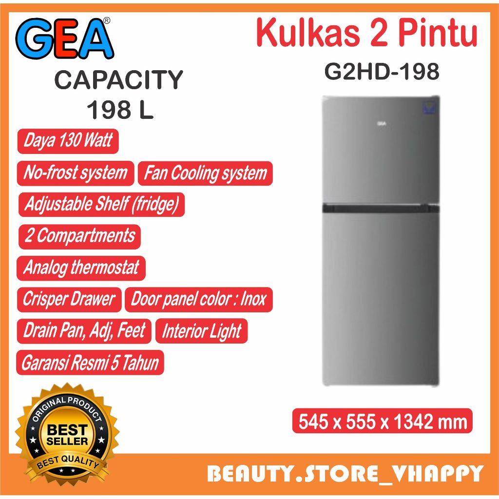 Kulkas 2 Pintu GEA INOX No Frost 198 Liter G2HD-198 Garansi Resmi (Kota bandung dan Cimahi Bisa COD)