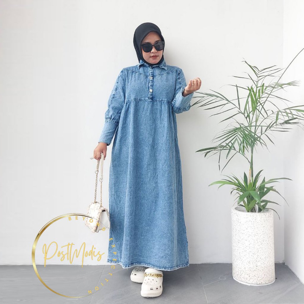 SYAHRINI GAMIS JEANS DRESS BAJU WANITA MUSLIM MODERN KEKINIAN TERBARU KONDANGAN LEBARAN REMAJABMJ