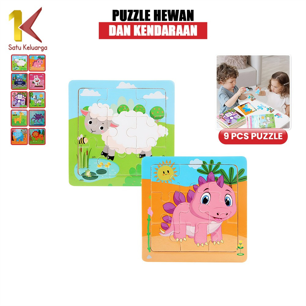 Satu Keluarga Mainan Edukasi Puzzle Anak 9Pcs Karakter Hewan dan Kendaraan M167 Wooden Toys Puzzle K