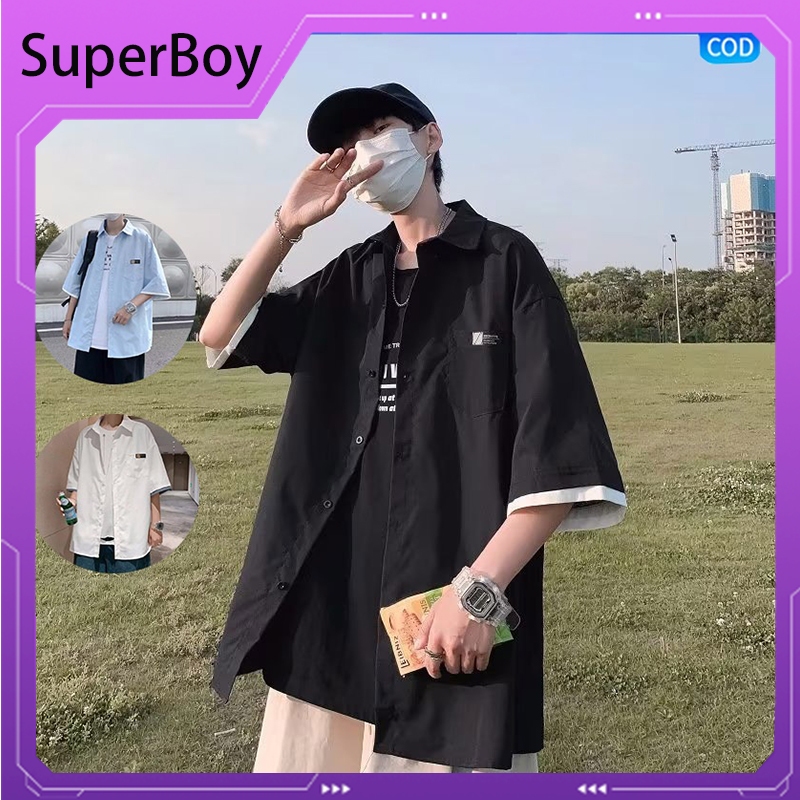 Kemeja pria lengan pendek Korean style oversize Kemeja biru cowok kasual kemeja batik longgar lengan