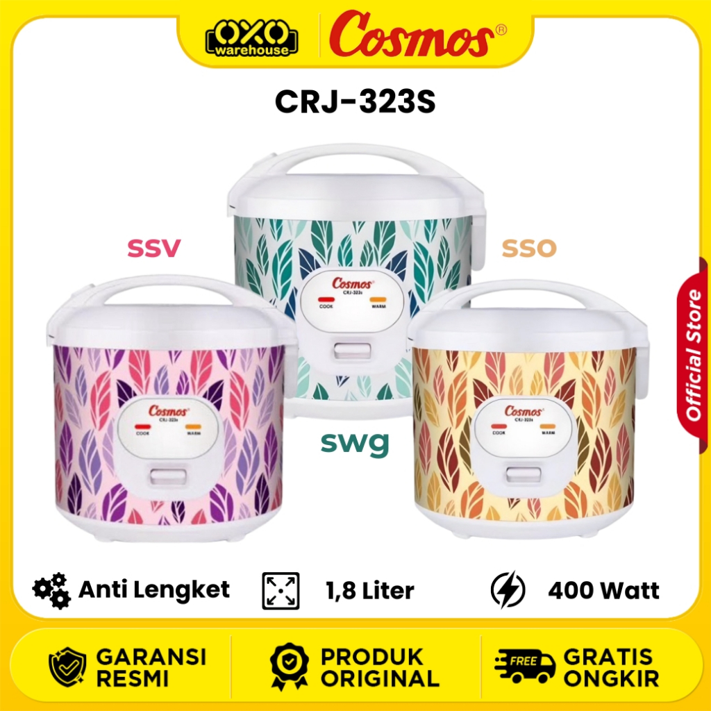 Cosmos Rice Cooker 1,8 Liter CRJ 323S SSO SSV SWG Anti Lengket Garansi Resmi 1 Tahun