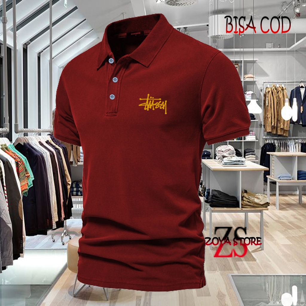 COD T-shrit POLO kerah Stussy Text Gold Kaos Kerah Dewasa Shirt / Kaos Wangki Pria Polo / Kaos Serag