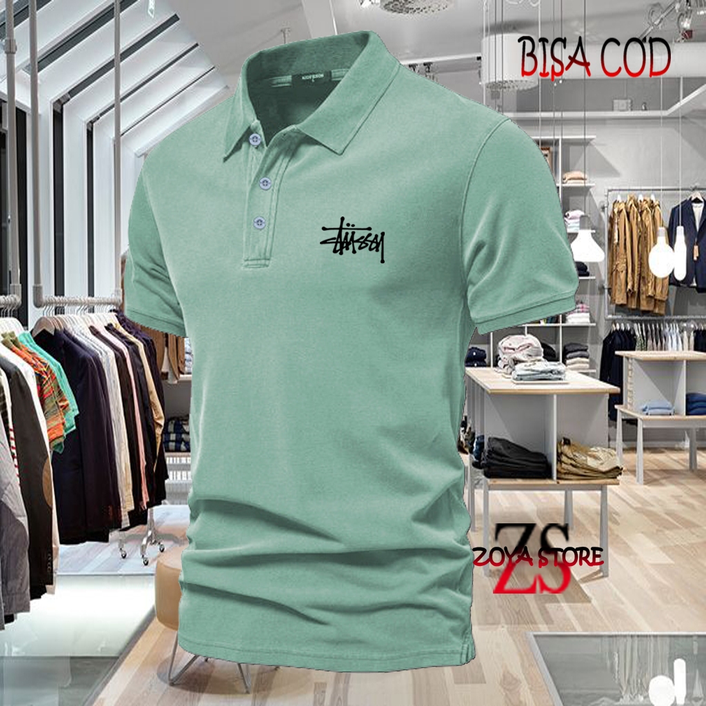 COD T-shrit POLO kerah Stussy Text Hitam Kaos Kerah Dewasa Shirt / Kaos Wangki Pria Polo / Kaos Sera