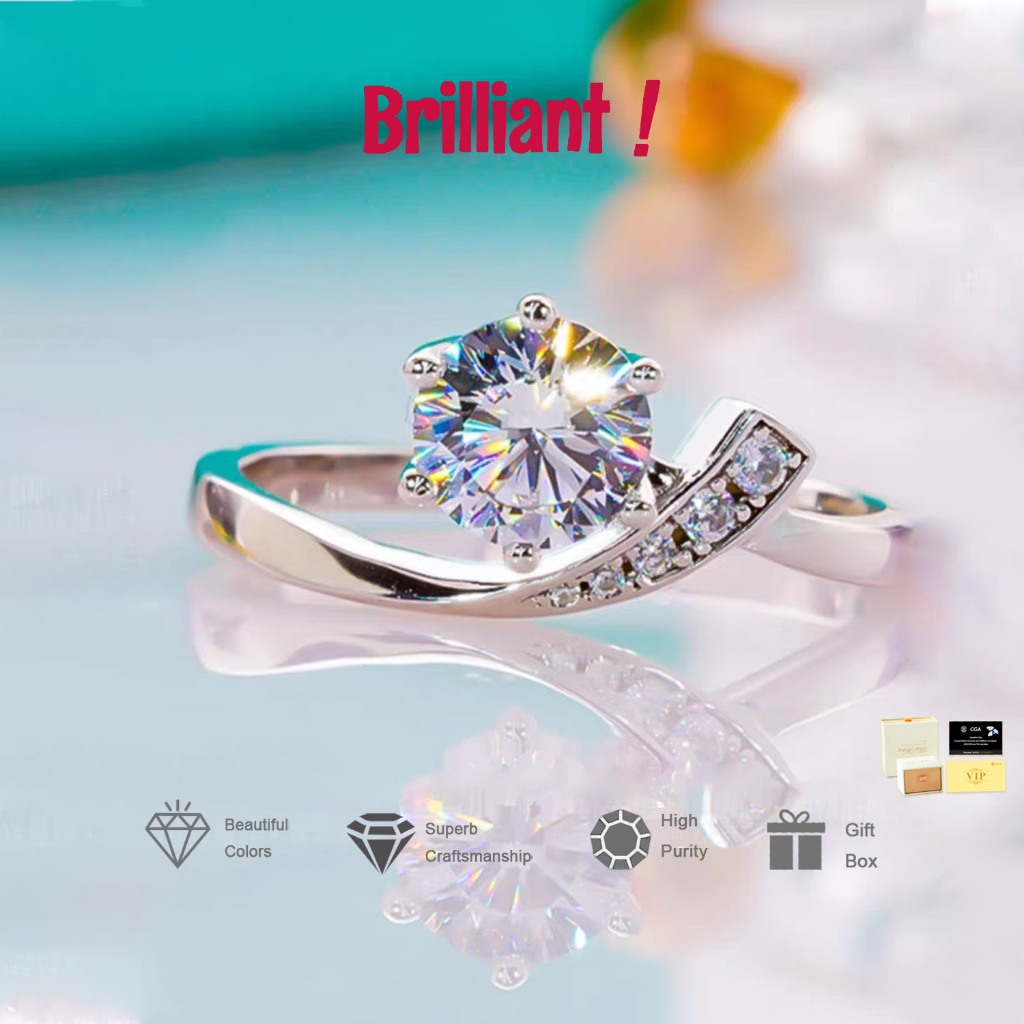 Cincin berlian enam cakar berwarna untuk wanita Cincin Batu Permata Merah Muda / Ungu / Putih / Kuni