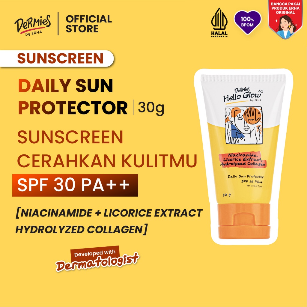 DERMIES Youth Protector Hello Glow Daily Sun Protector  Sunscreen 30g - Sunscreen Wajah Mencerahkan