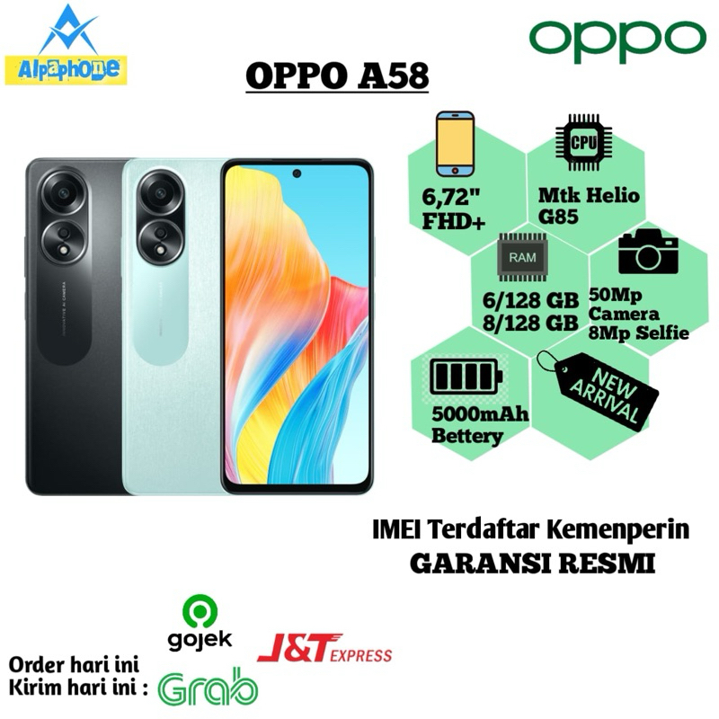 Oppo A58 Ram 8/128 Garansi Resmi Oppo Indonesia Handphone Terbaru Ram 8 dan Ram 6