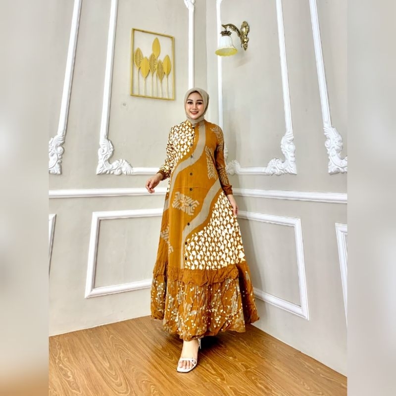 Rq Batik - Gamis Twill Ori Terbaru 2024 Motif Mayang Sari Saku Kanan Tali Samping Cap Malaman