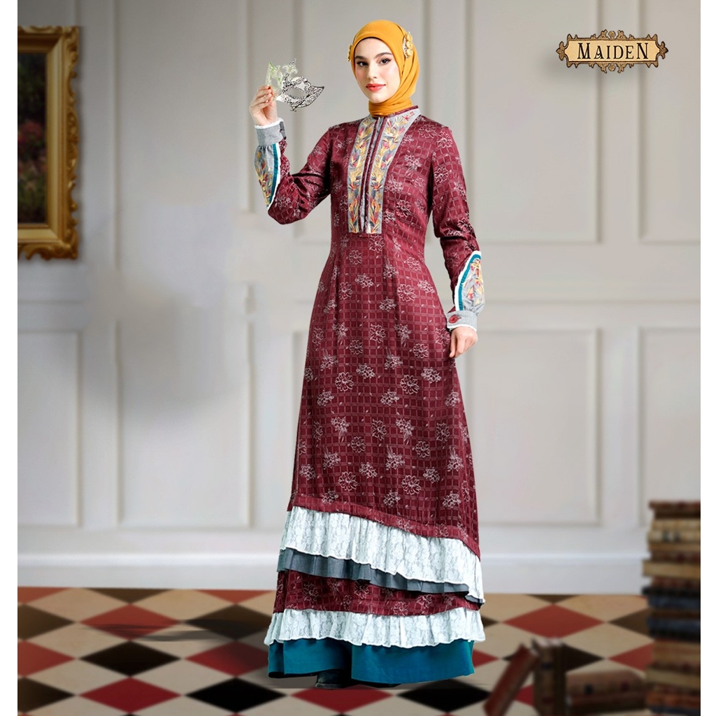 Gamis maroon TUNEECA Diana Steps kain jacquard rayon satin high quality, Gamis pesta kondangan maroo