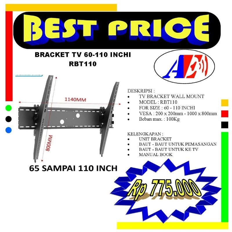 wall mount bracket LED TV display 50-100 inch rodson RBT110 Bracket LED TV TCL 98 inchi