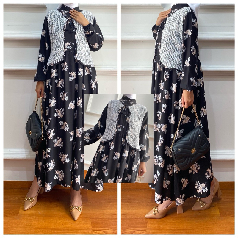 MISKHA MALAIKA SHOFIA A HAYA MILI MIDI DRESS BAHAN KATUN ZARA RAYON MONOKROM KATUN TRISET AKSEN BORD