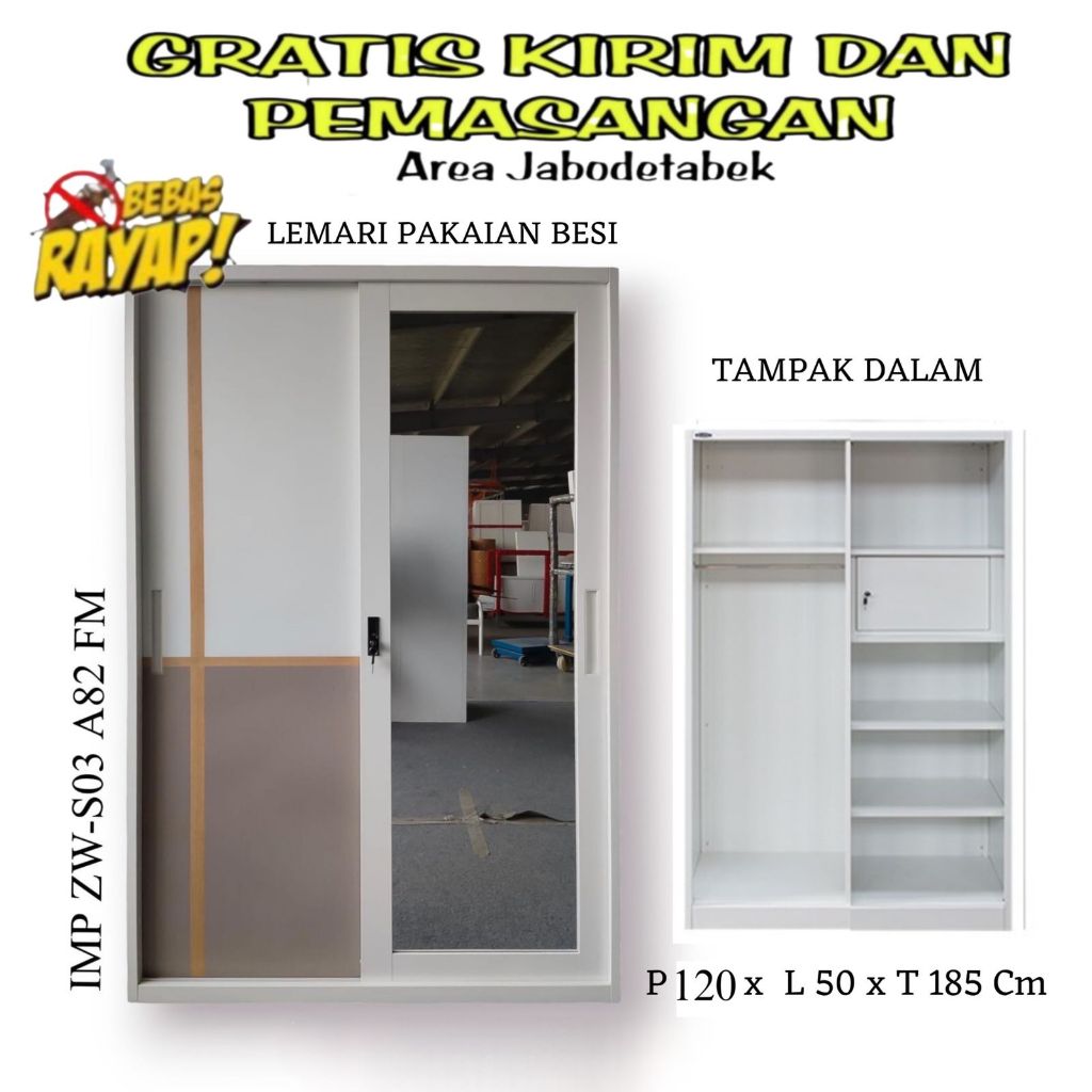 ( Free Ongkir + Rakit ) Lemari Pakaian Besi 2 Pintu Sliding Import Lemari Baju Besi