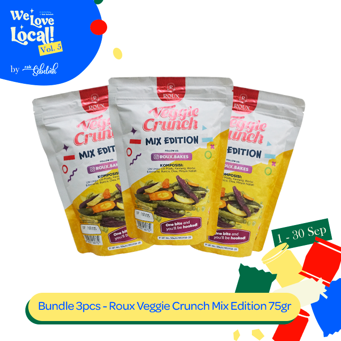 

Bundle 3pcs Roux Veggie Crunch Mix Edition 75g - Keripik Sayuran Kering | Okra Buncis Wortel Edamame Kentang Ubi Ungu Madu | Vegetable Chips | Rak Sebelah