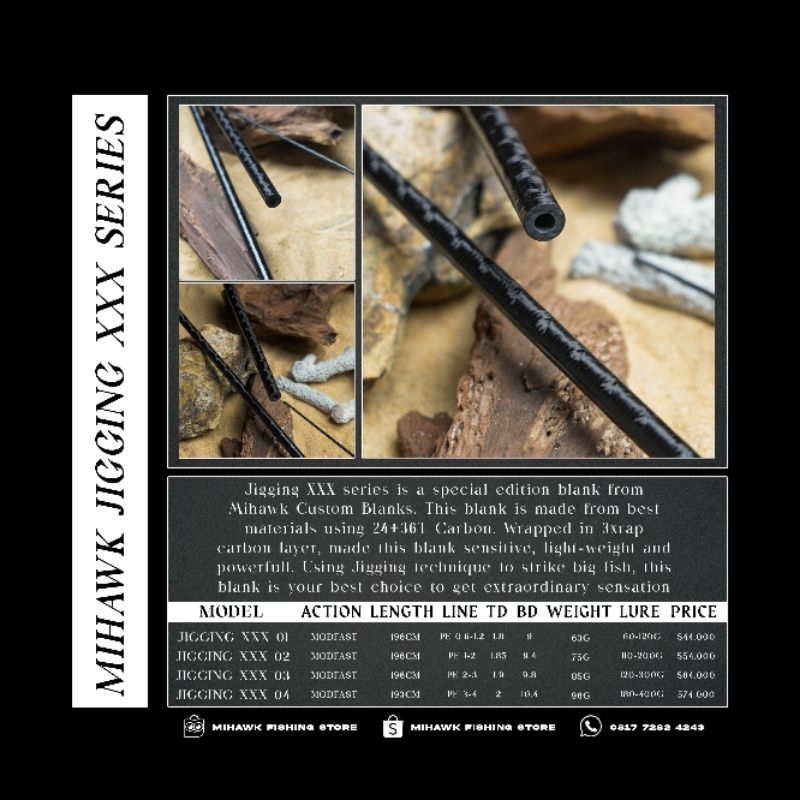 Mihawk Custom Blank Rod Carbon Hollow 3X Wrap Jigging XXX Series