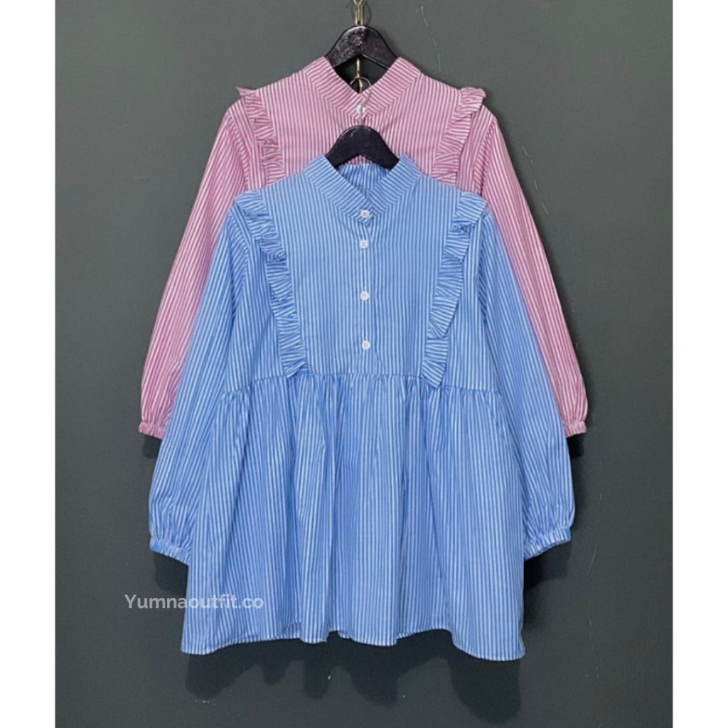 YUMNA Fatin Stripe Blouse salur - blouse ruffle salur kekinian koreanstyle all size bahan katun - fa