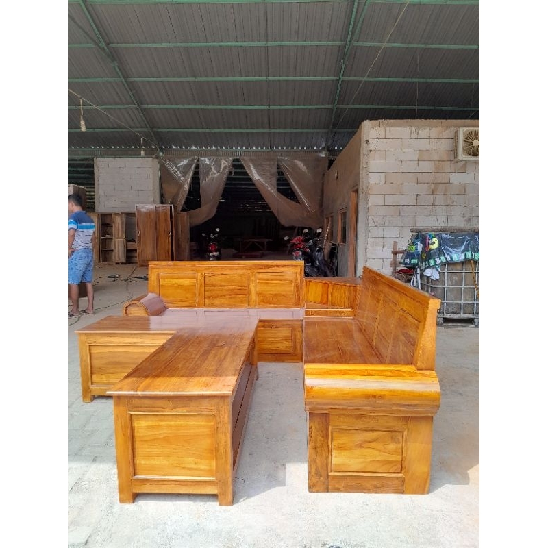 Kursi Sudut Blok Simpel Minimalis Kayu Jati | Kursi sudut Ruang Tamu | Kursi Sudut Meja Leter L