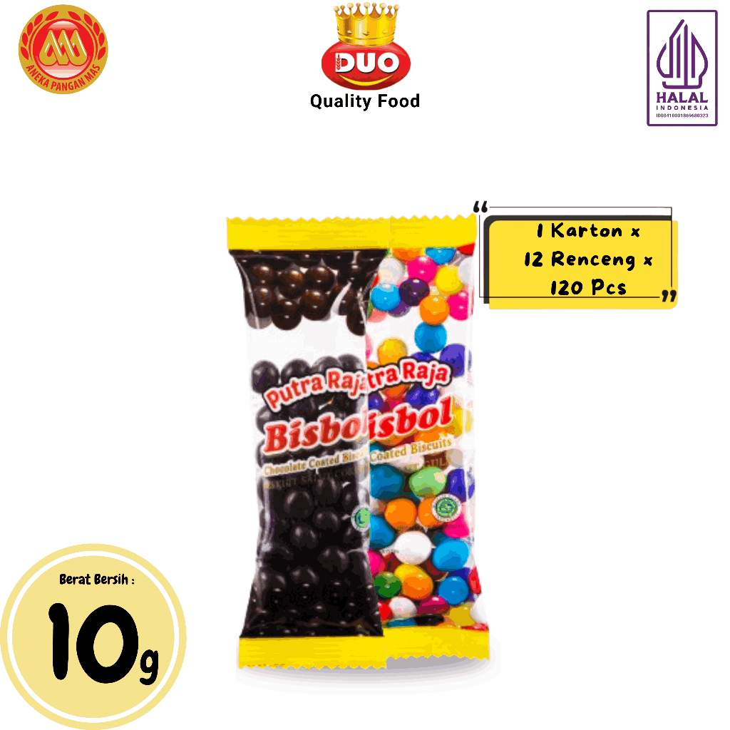 

DUO Bisbol Coated Biscuit Biskuit Bola Salut Cokelat (1 Karton X 12 Renceng x 10 Pcs) - Netto 10gr Cemilan Anak Murah