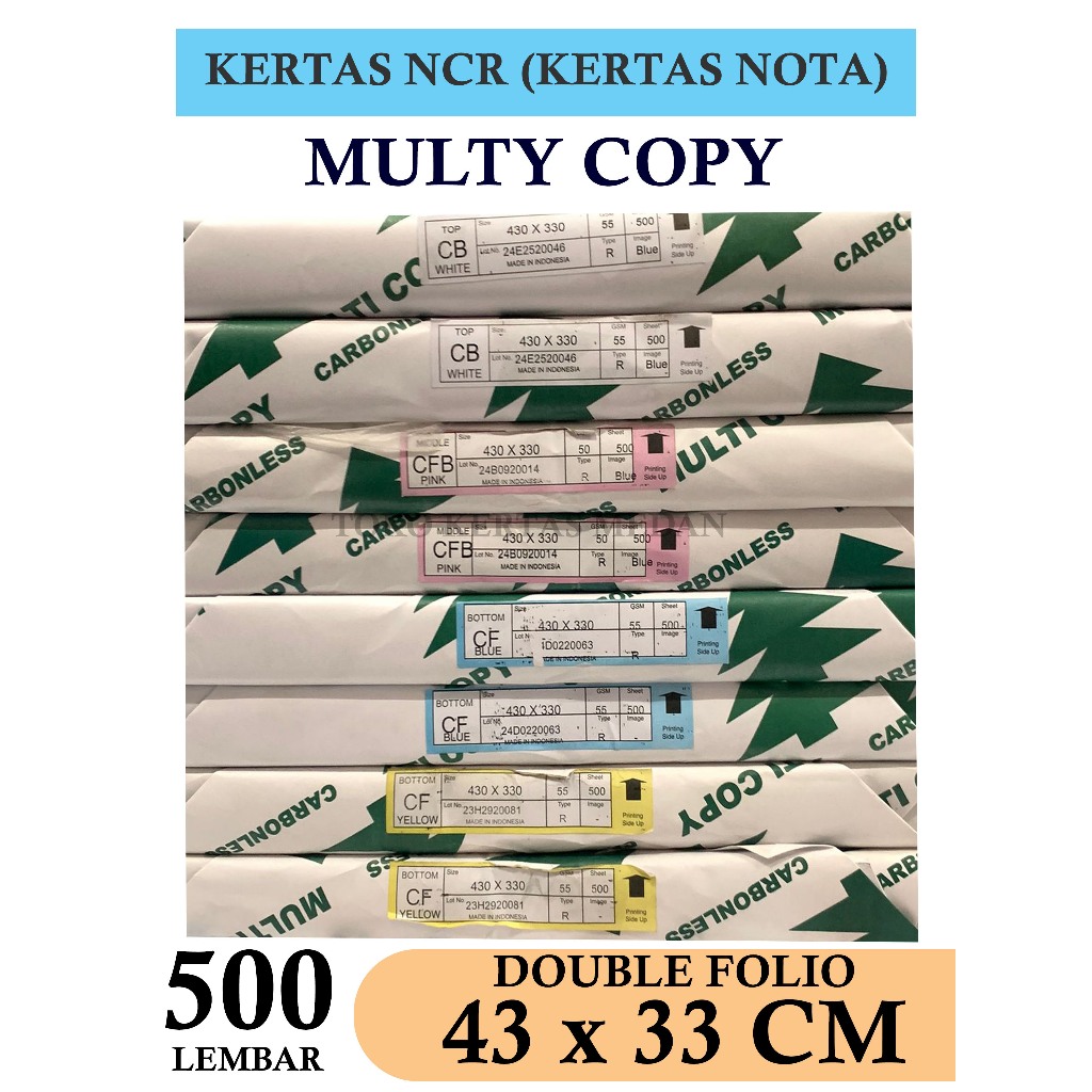 

KERTAS NCR / CARBONLES PAPER MULTI COPY UK DOUBLE FOLIO ( 43 X 33 CM ) , TOP / MIDDLE / BOTTOM , 1 RIM / 500 LEMBAR
