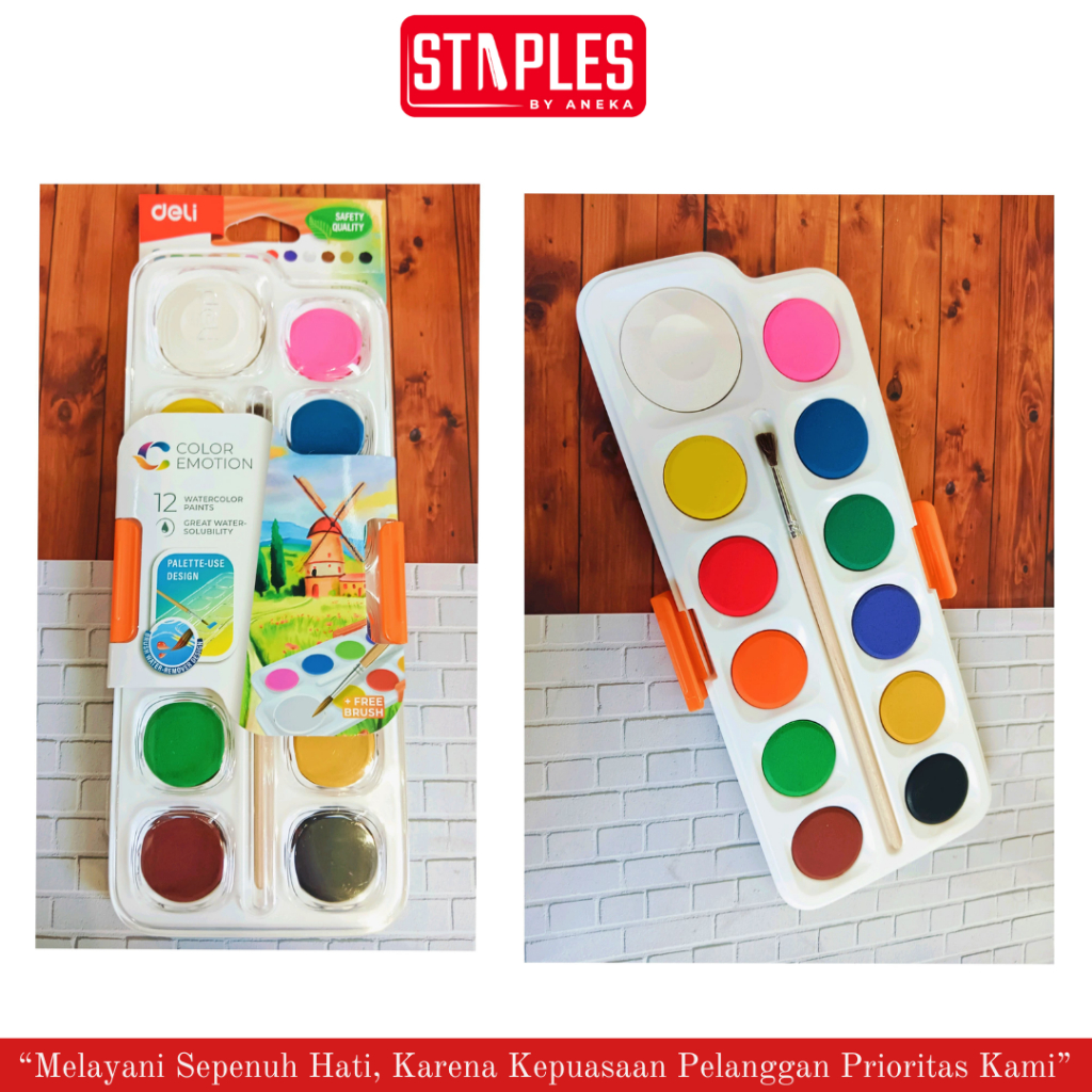 

Deli Watercolor Paint / Cat Air Padat 12 Warna, Kemasan Kotak + Kuas C10-12