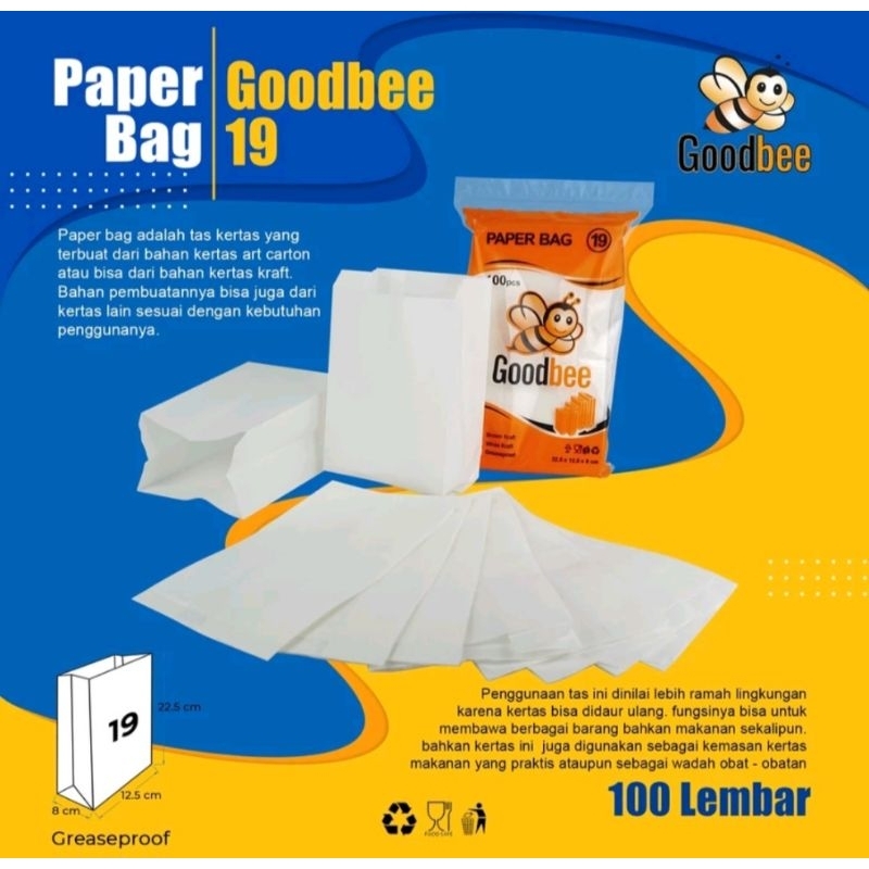 

PAPER BAG GOODBEE KODE 19 - GREASEPROOF - WHITE KRAFT - KANTONG KERTAS GOODBEE - ISI 100 LEMBAR