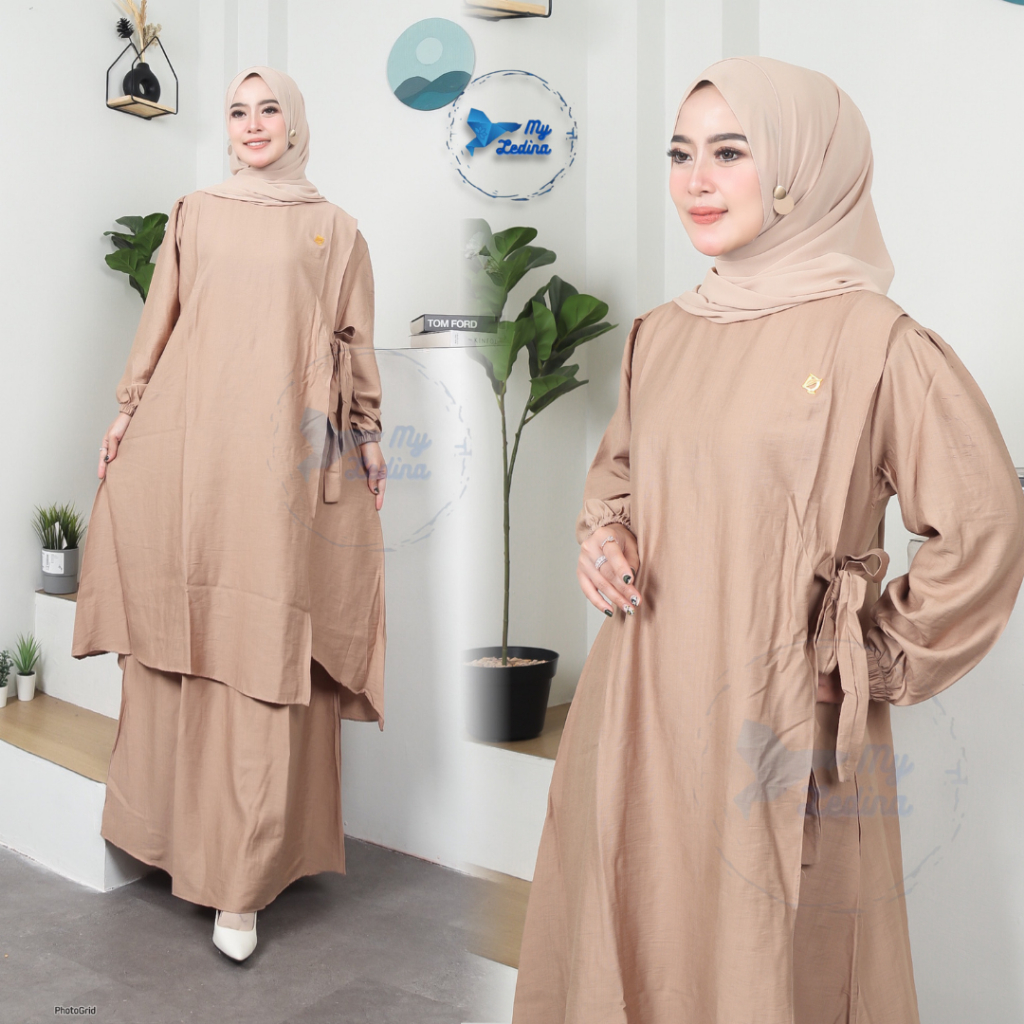 Elisya One set rok dan atasan setelan wanita gamis malaysia tunik jumbo katun polo linen baju muslim