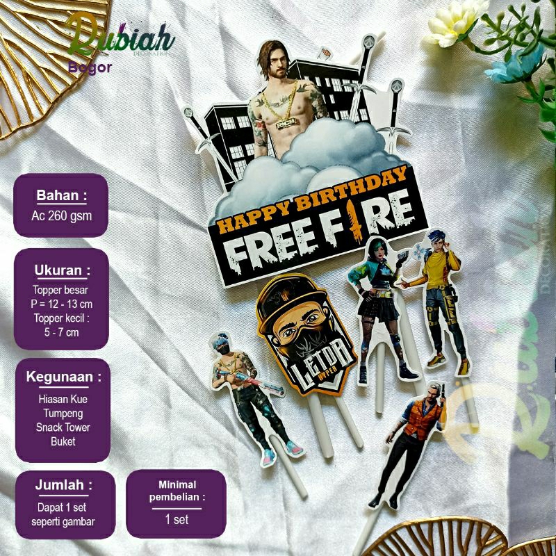 Cake Topper Karakter Free Fire 2 Happy Birthday 1 set / Hiasan Tusukan Kue Tart Ulang Tahun Anak