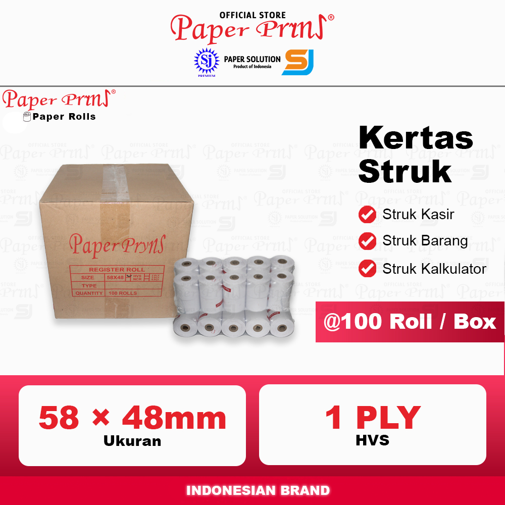 

Kertas Struk Kasir Register Roll HVS Paperpryns 1PLY 58 x 48mm (1 Box isi 100 Roll)