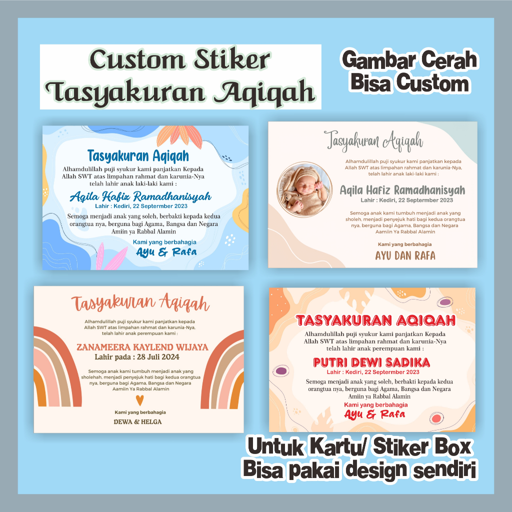 

STIKER DAN KARTU TASYAKURAN AQIQAH ANAK, KELAHIRAN, TEDAK SITEN, SELAPANAN CUSTOM LABEL