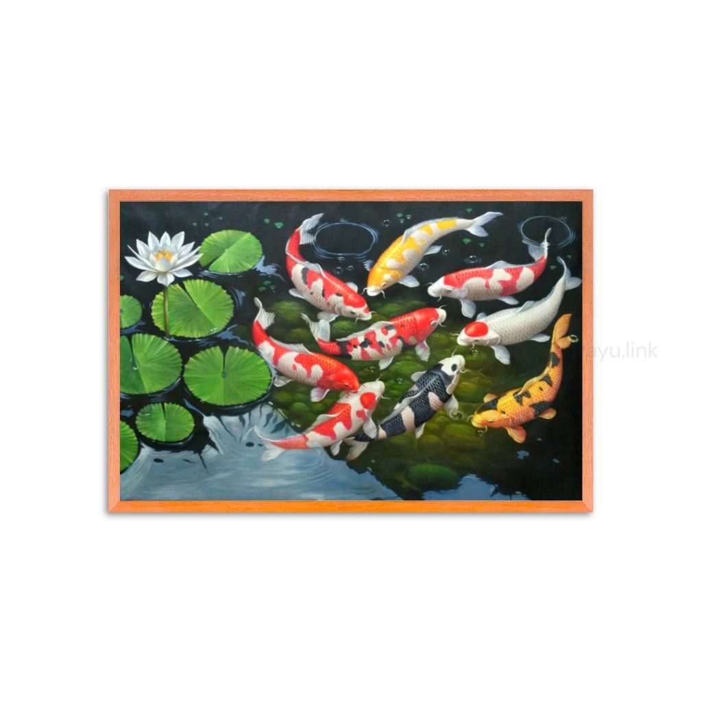 Poster Lukisan Cetak Gambar Ikan Koi Hiasan Dinding Klasik Bingkai Kayu Natural
