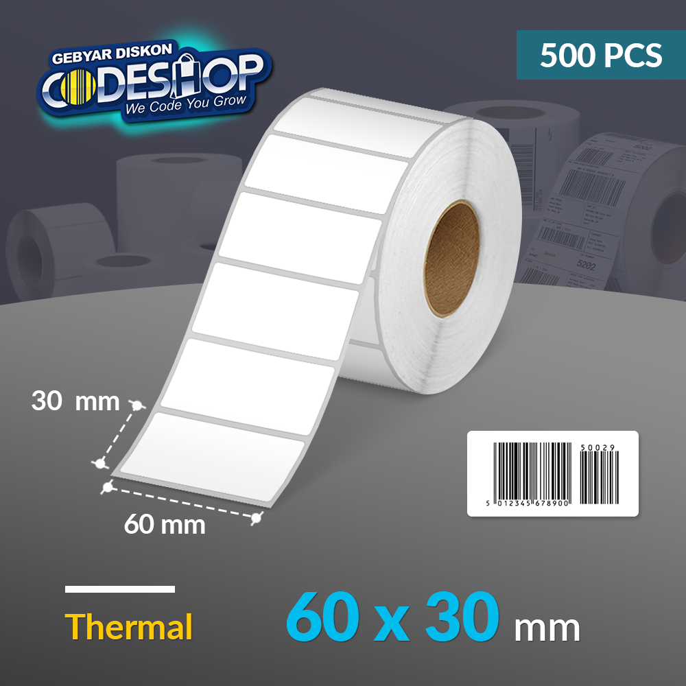 

Codeshop Kertas Label Thermal 60x30 / 60 x 30 mm / 60x30mm 1 Line Stiker Printer Barcode Isi 500 Pcs