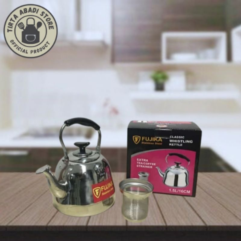 Ceret Bunyi 1.5 Liter + Saringan / Teko Stainless Stell Fujika Gagang Anti Panas