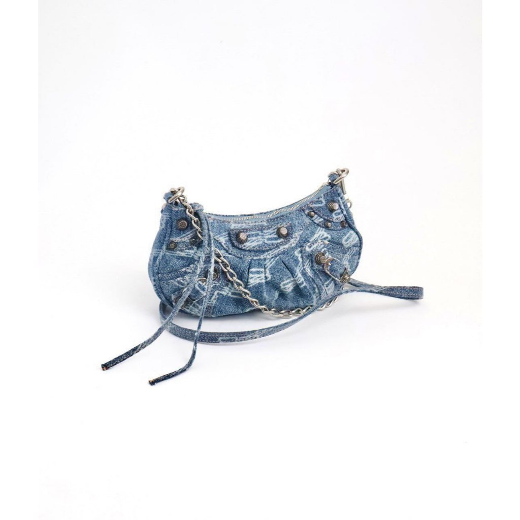 Tas Wanita Blcg Le Cagole Mini Purse with Chain BB Monogram Denim Bleached AS Blue Original