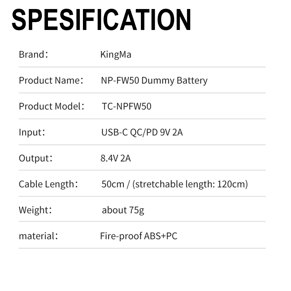 Kingma Dummy Battery to USB-C DR-FW50 for Replace Sony Mirrorless battery NP-FW50 - Battery Kamera