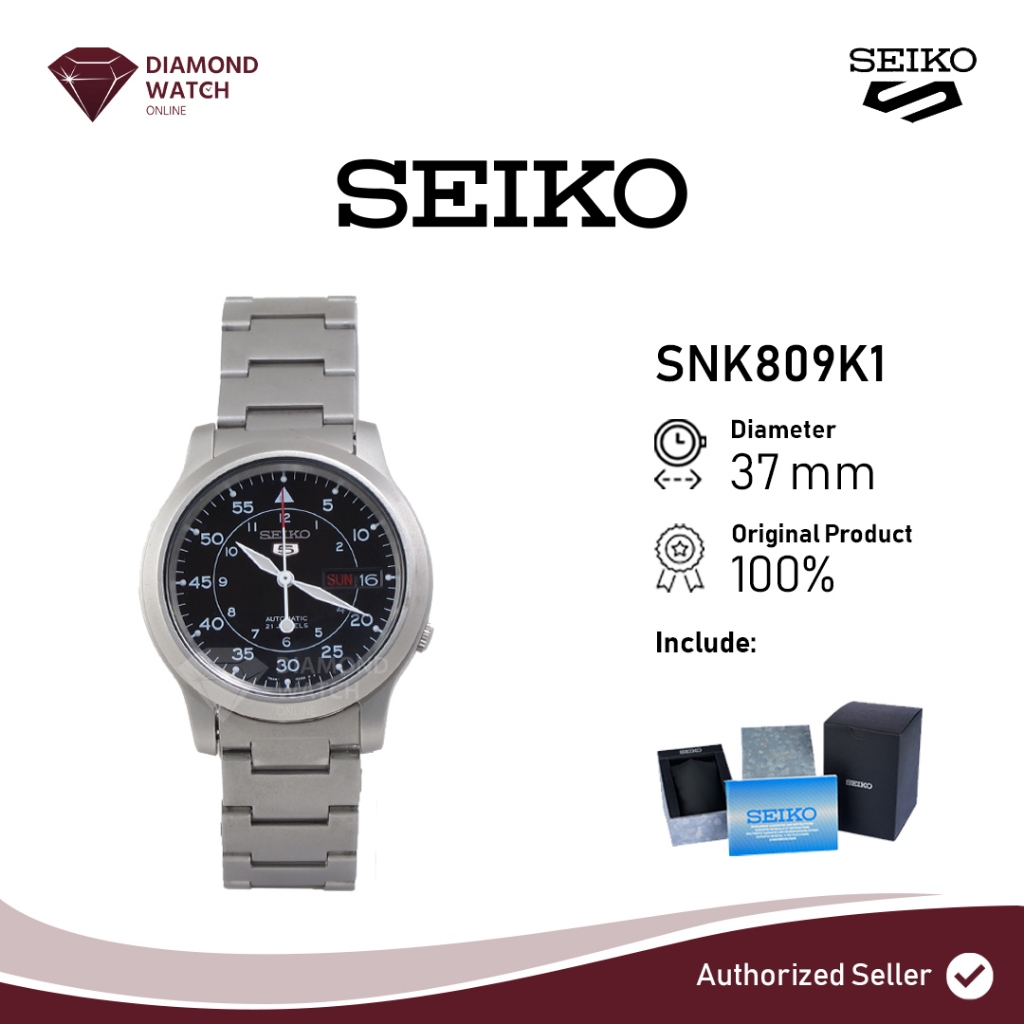 Seiko 5 Automatic 21 Jewels Black Military 37mm Stainless Steel Bracelet SNK809K1