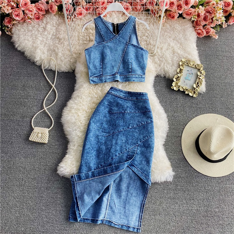 Julia Denim Set - Atasan dan Bawahan Rok Bahan Jeans Denim Blue Pakaian Wanita Set