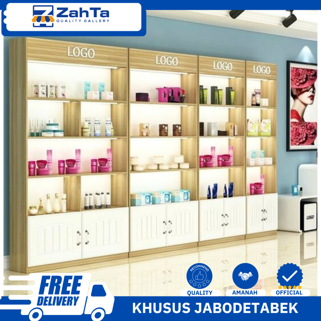 ZAHTA - RAK DISPLAY TOKO PAKAI LAMPU & LOGO STIKER