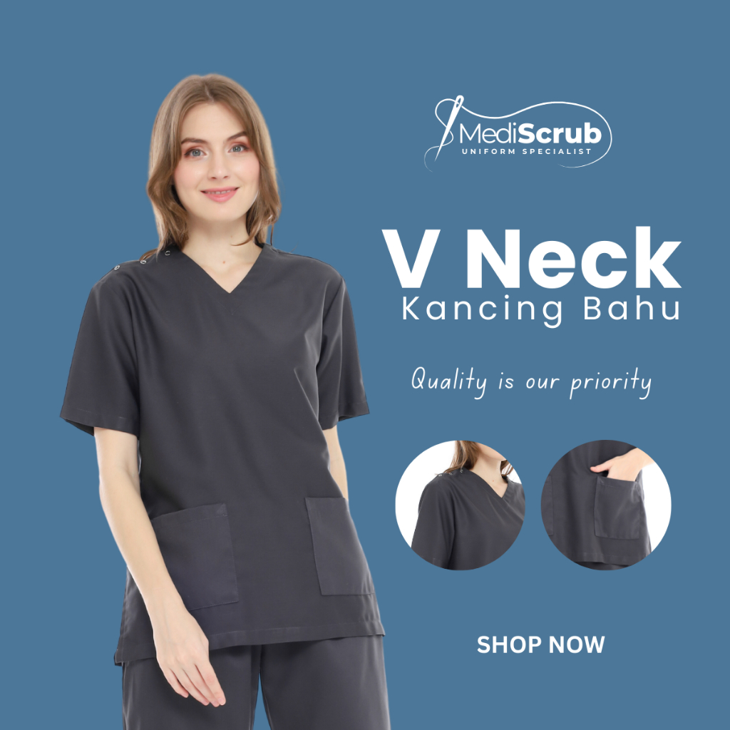 MEDISCRUB - V NECK SCRUBS KANCING BAHU l Baju Kerja Dokter Perawat UGD Baju OK Medis Klinik