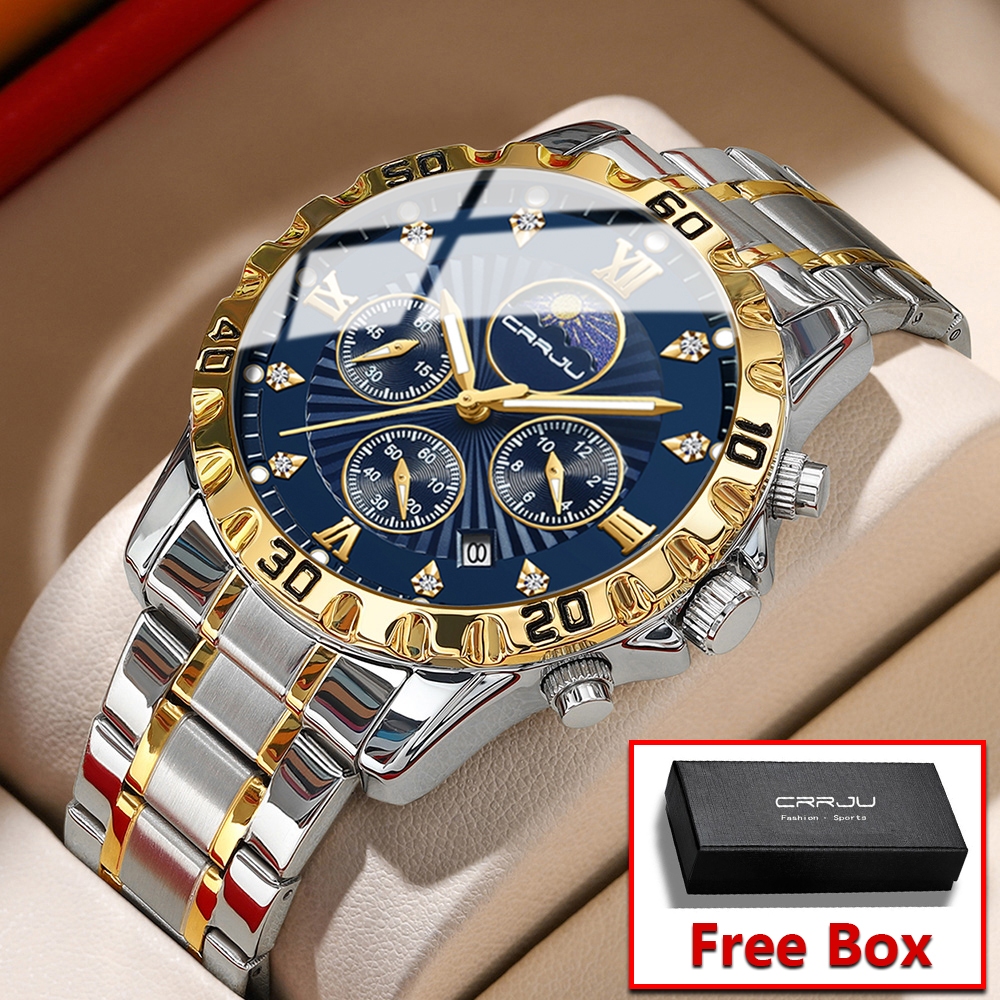 CRRJU Jam Tangan Pria Anti Air Original Anti Karat Luxury Kronograf Bercahaya Kalender Quartz Watch 