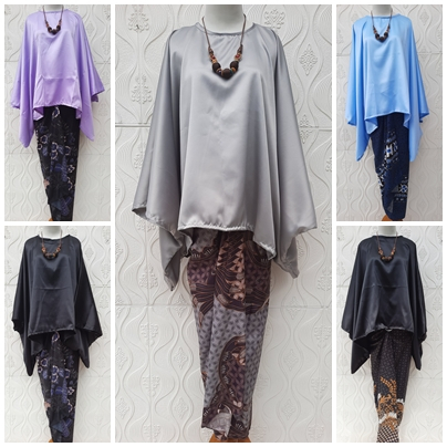 Setelan Atasan Batwing Wanita Kondangan Set Blouse Satin Polos dan Bawahan Rok Lilit Batik Baju Mode