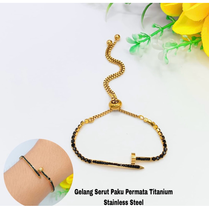 Gelang tangan serut Paku permata tanam titanium gelang wanita
