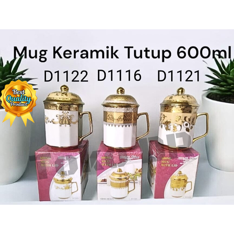 Mug Keramik Cantik Tutup 600ml / Home Line / Keramik