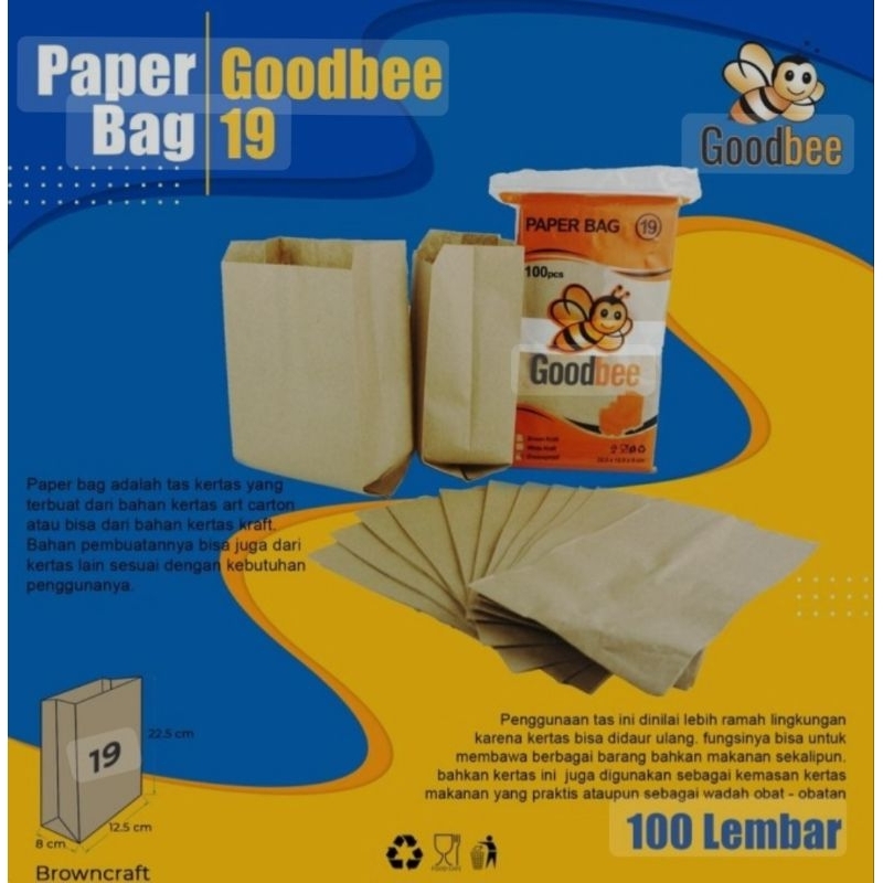

PAPER BAG GOODBEE KODE 19 - BROWN KRAFT - KANTONG KERTAS GOODBEE - ISI 100 LEMBAR