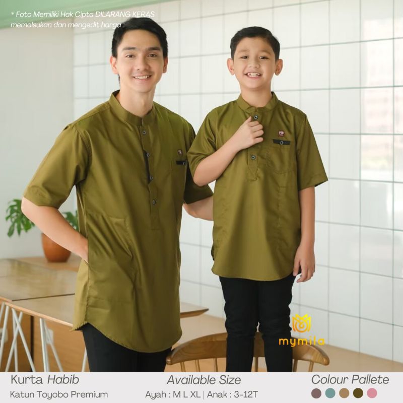 Baju Koko Kurta Couple Ayah dan Anak Warna Hijau Army Bahan Toyobo Premium Qurta Couple Habib Moesli