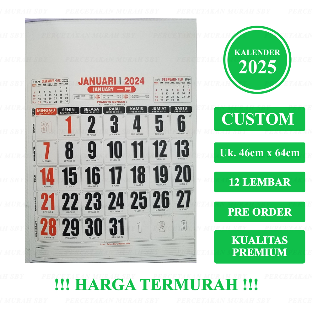 

KALENDER DINDING JUMBO 12 BULAN UK. 46 x 64 CM CUSTOM FULL WARNA BAHAN HVS