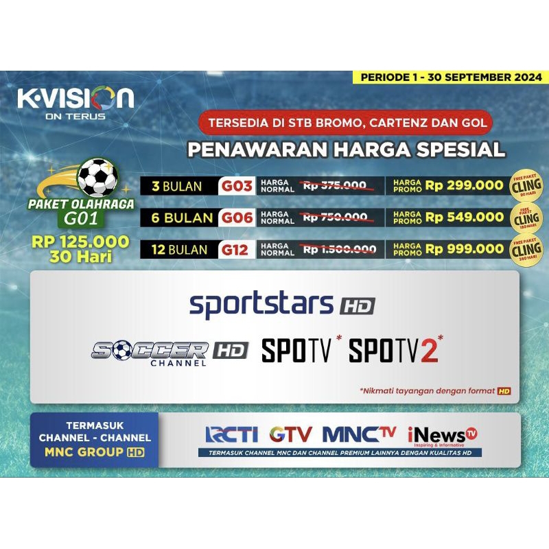 Paket Olahraga K-Vision Bromo Cartenz Optus Gardiner LGsat Paket Olahraga G01 Kvision