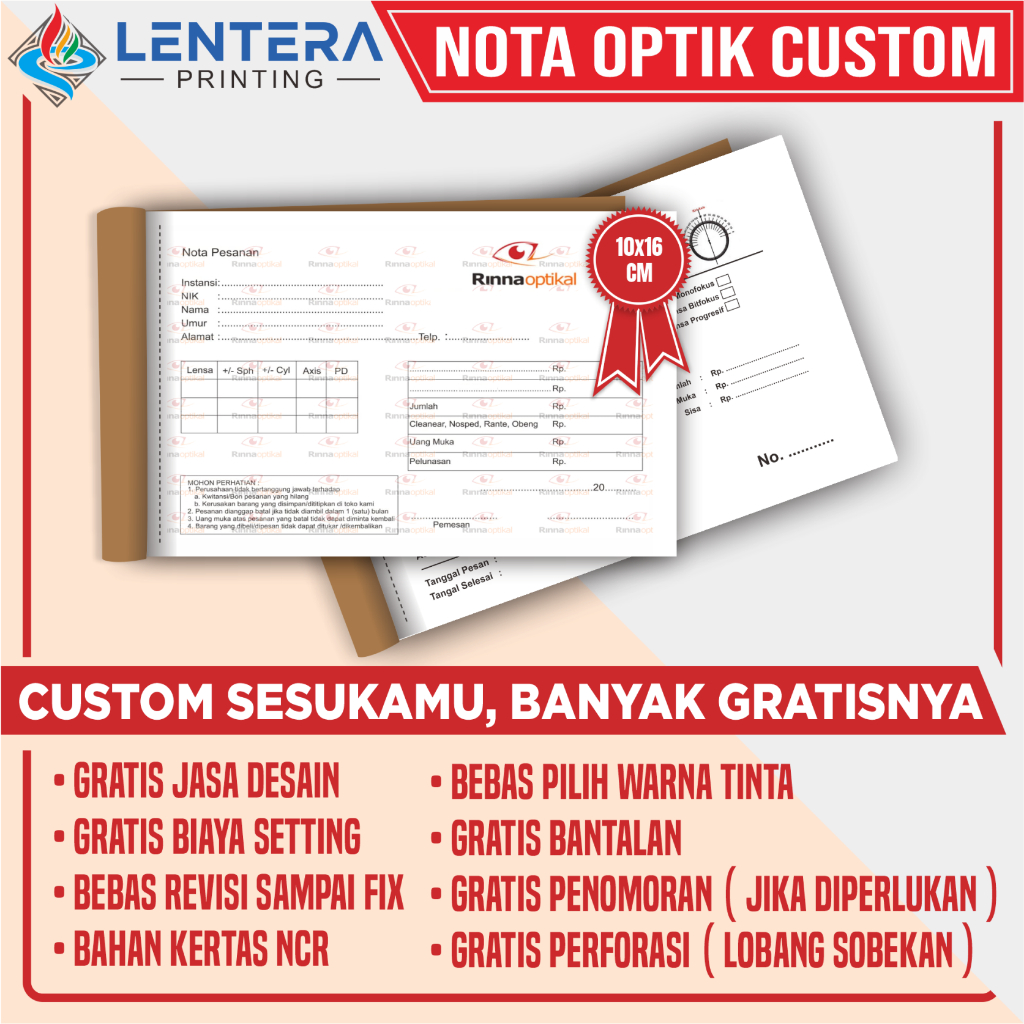 

Nota Optik Custom, Nota Pesanan Kacamata 10x16cm Free Desain