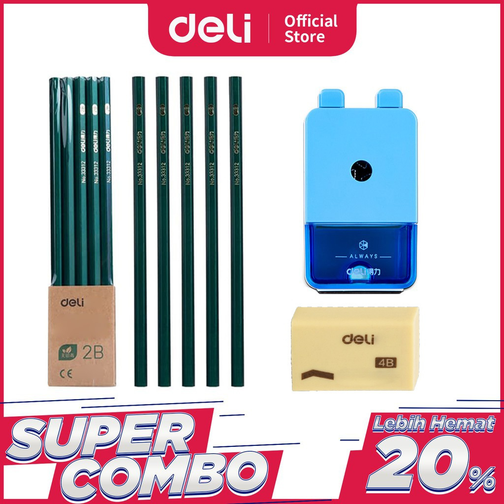 

KOMBO HEMAT Deli Combo Set 2 - 10pcs Pensil 2B + 3pcs Penghapus + Rautan Putar